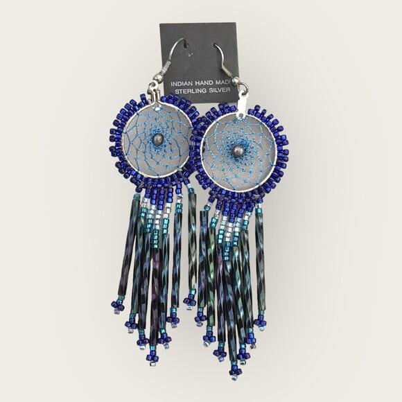 Indian Hand Made NWT Blue Sterling Silver Earrings Dreamcatcher Beaded - Picture 5 of 5